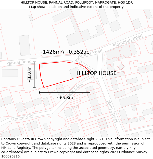 HILLTOP HOUSE, PANNAL ROAD, FOLLIFOOT, HARROGATE, HG3 1DR: Plot and title map