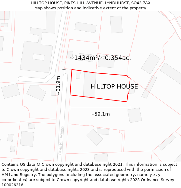 HILLTOP HOUSE, PIKES HILL AVENUE, LYNDHURST, SO43 7AX: Plot and title map