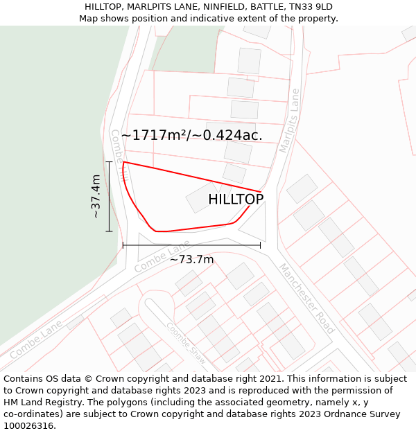HILLTOP, MARLPITS LANE, NINFIELD, BATTLE, TN33 9LD: Plot and title map