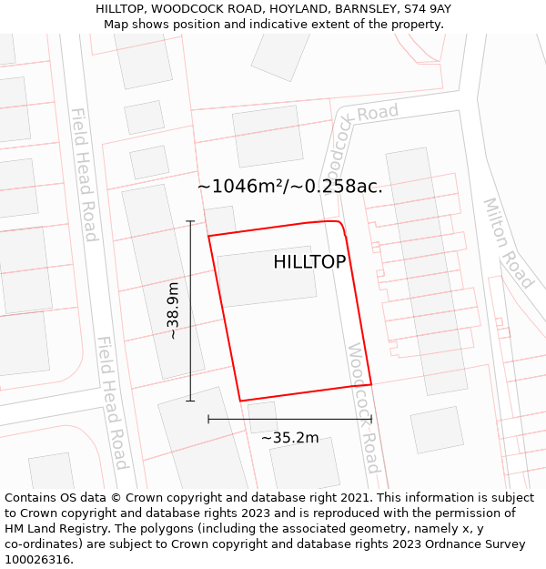 HILLTOP, WOODCOCK ROAD, HOYLAND, BARNSLEY, S74 9AY: Plot and title map