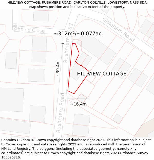 HILLVIEW COTTAGE, RUSHMERE ROAD, CARLTON COLVILLE, LOWESTOFT, NR33 8DA: Plot and title map