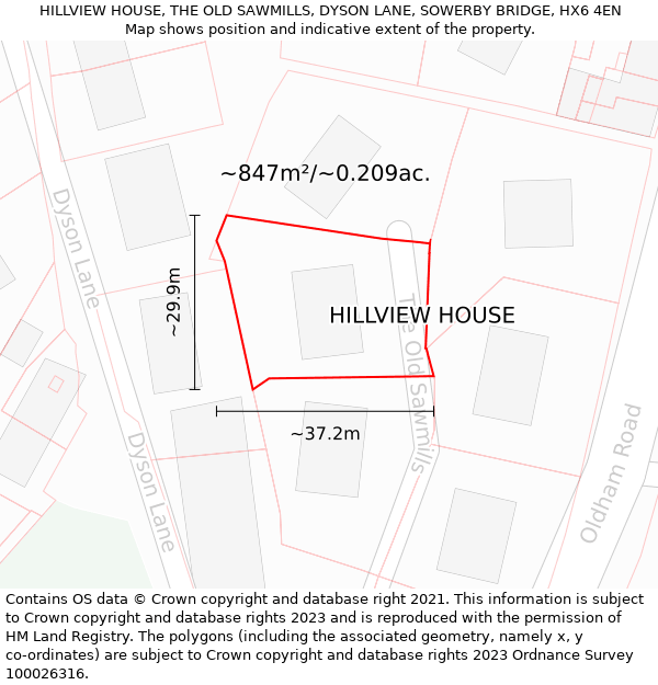 HILLVIEW HOUSE, THE OLD SAWMILLS, DYSON LANE, SOWERBY BRIDGE, HX6 4EN: Plot and title map