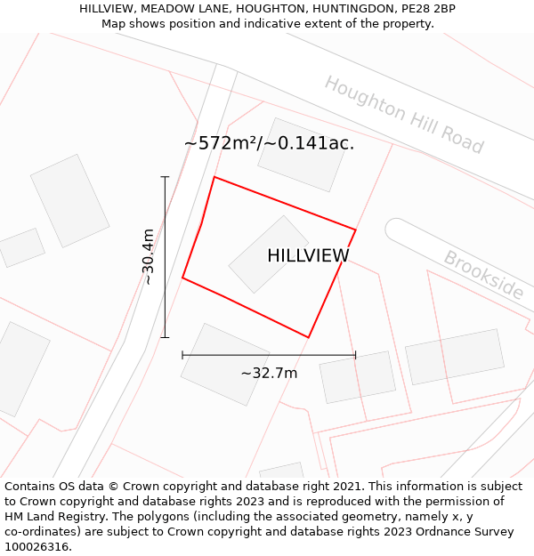 HILLVIEW, MEADOW LANE, HOUGHTON, HUNTINGDON, PE28 2BP: Plot and title map