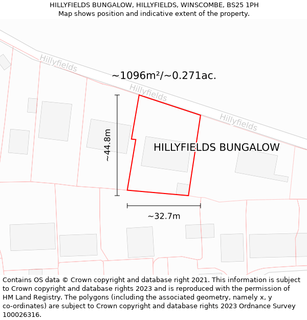 HILLYFIELDS BUNGALOW, HILLYFIELDS, WINSCOMBE, BS25 1PH: Plot and title map