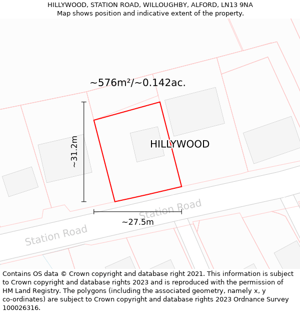 HILLYWOOD, STATION ROAD, WILLOUGHBY, ALFORD, LN13 9NA: Plot and title map