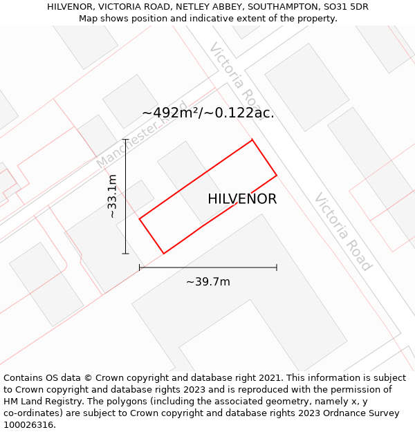 HILVENOR, VICTORIA ROAD, NETLEY ABBEY, SOUTHAMPTON, SO31 5DR: Plot and title map