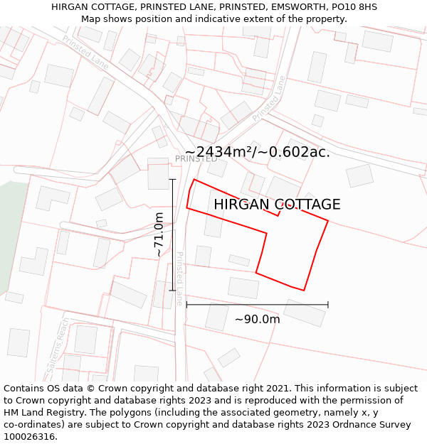 HIRGAN COTTAGE, PRINSTED LANE, PRINSTED, EMSWORTH, PO10 8HS: Plot and title map