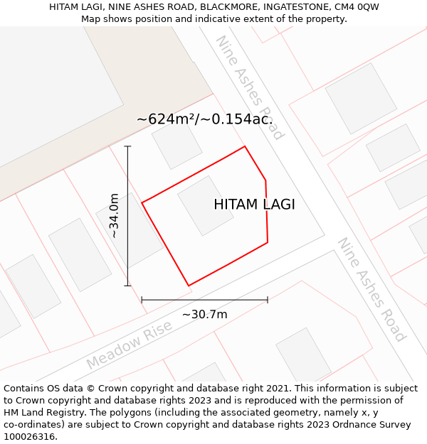 HITAM LAGI, NINE ASHES ROAD, BLACKMORE, INGATESTONE, CM4 0QW: Plot and title map