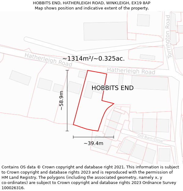 HOBBITS END, HATHERLEIGH ROAD, WINKLEIGH, EX19 8AP: Plot and title map