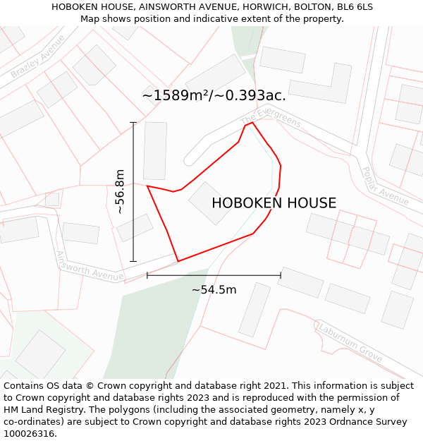 HOBOKEN HOUSE, AINSWORTH AVENUE, HORWICH, BOLTON, BL6 6LS: Plot and title map