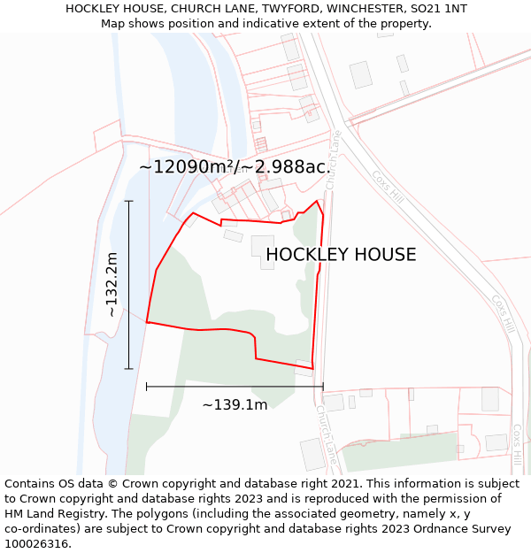 HOCKLEY HOUSE, CHURCH LANE, TWYFORD, WINCHESTER, SO21 1NT: Plot and title map