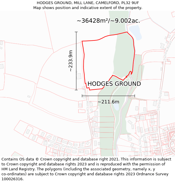 HODGES GROUND, MILL LANE, CAMELFORD, PL32 9UF: Plot and title map