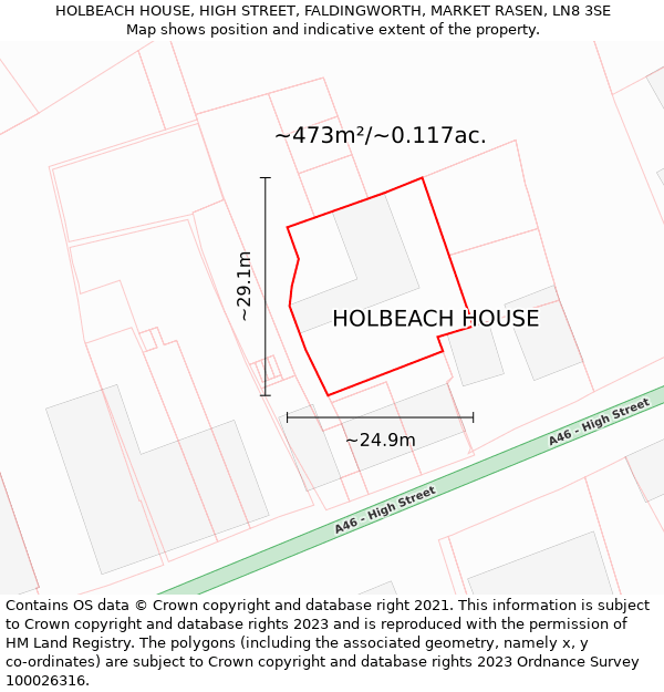 HOLBEACH HOUSE, HIGH STREET, FALDINGWORTH, MARKET RASEN, LN8 3SE: Plot and title map