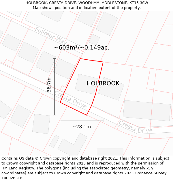 HOLBROOK, CRESTA DRIVE, WOODHAM, ADDLESTONE, KT15 3SW: Plot and title map