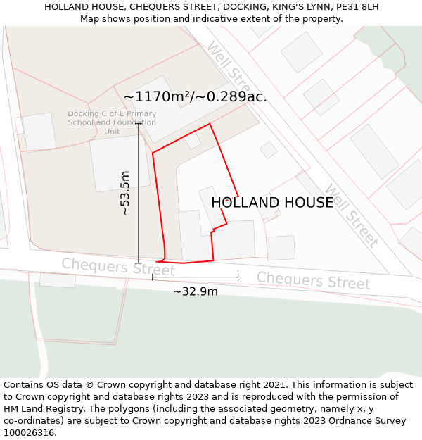 HOLLAND HOUSE, CHEQUERS STREET, DOCKING, KING'S LYNN, PE31 8LH: Plot and title map