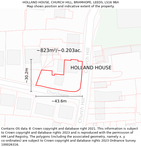 HOLLAND HOUSE, CHURCH HILL, BRAMHOPE, LEEDS, LS16 9BA: Plot and title map