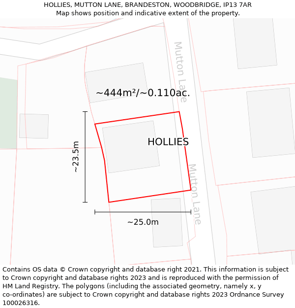 HOLLIES, MUTTON LANE, BRANDESTON, WOODBRIDGE, IP13 7AR: Plot and title map