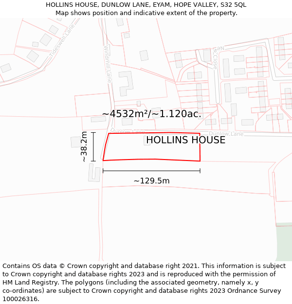 HOLLINS HOUSE, DUNLOW LANE, EYAM, HOPE VALLEY, S32 5QL: Plot and title map