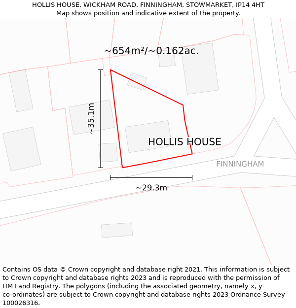 HOLLIS HOUSE, WICKHAM ROAD, FINNINGHAM, STOWMARKET, IP14 4HT: Plot and title map