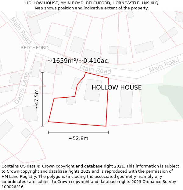 HOLLOW HOUSE, MAIN ROAD, BELCHFORD, HORNCASTLE, LN9 6LQ: Plot and title map