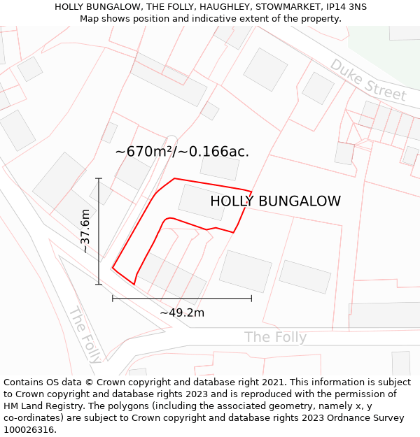 HOLLY BUNGALOW, THE FOLLY, HAUGHLEY, STOWMARKET, IP14 3NS: Plot and title map