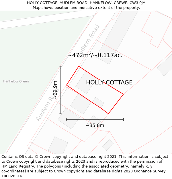 HOLLY COTTAGE, AUDLEM ROAD, HANKELOW, CREWE, CW3 0JA: Plot and title map