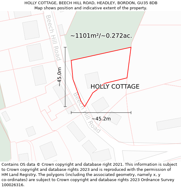 HOLLY COTTAGE, BEECH HILL ROAD, HEADLEY, BORDON, GU35 8DB: Plot and title map