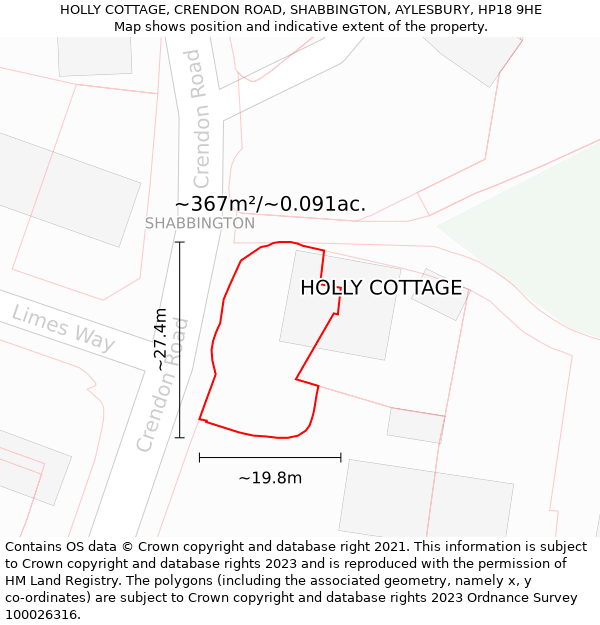 HOLLY COTTAGE, CRENDON ROAD, SHABBINGTON, AYLESBURY, HP18 9HE: Plot and title map