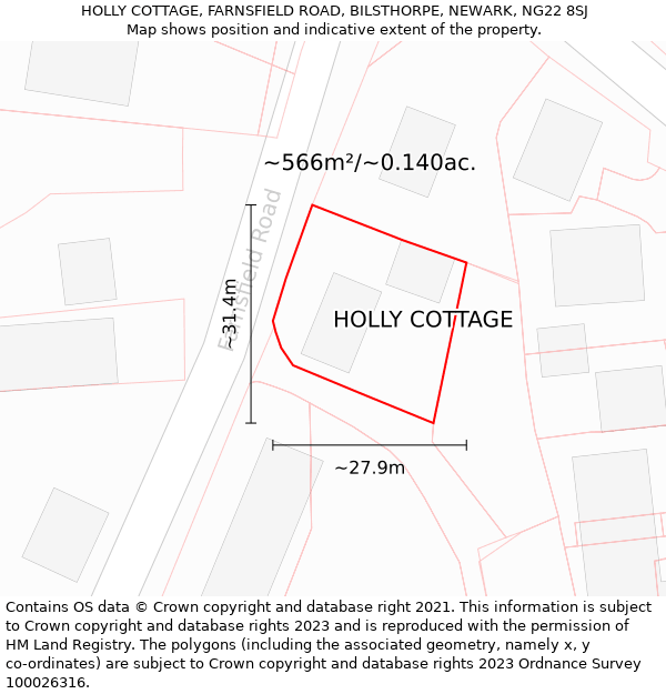 HOLLY COTTAGE, FARNSFIELD ROAD, BILSTHORPE, NEWARK, NG22 8SJ: Plot and title map