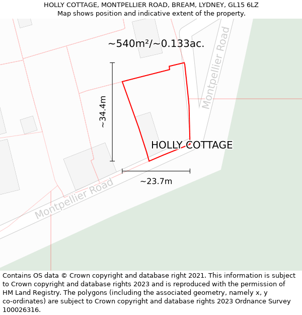 HOLLY COTTAGE, MONTPELLIER ROAD, BREAM, LYDNEY, GL15 6LZ: Plot and title map
