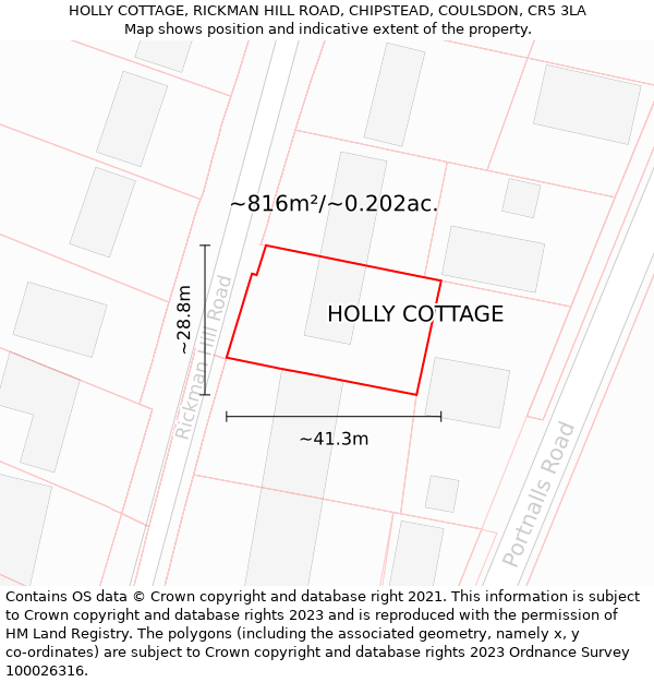 HOLLY COTTAGE, RICKMAN HILL ROAD, CHIPSTEAD, COULSDON, CR5 3LA: Plot and title map