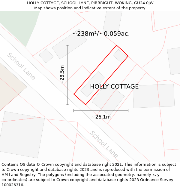 HOLLY COTTAGE, SCHOOL LANE, PIRBRIGHT, WOKING, GU24 0JW: Plot and title map