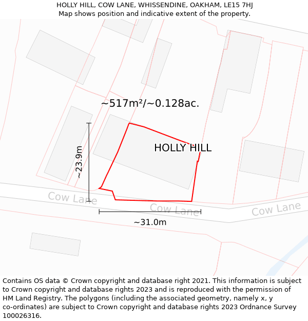 HOLLY HILL, COW LANE, WHISSENDINE, OAKHAM, LE15 7HJ: Plot and title map