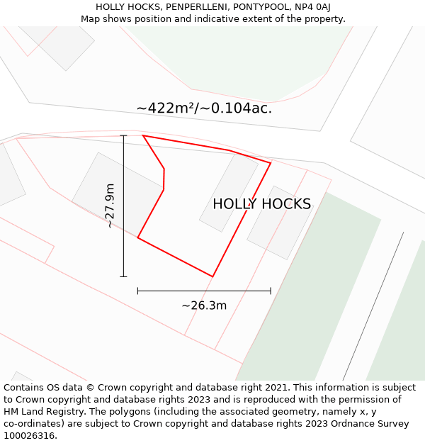 HOLLY HOCKS, PENPERLLENI, PONTYPOOL, NP4 0AJ: Plot and title map