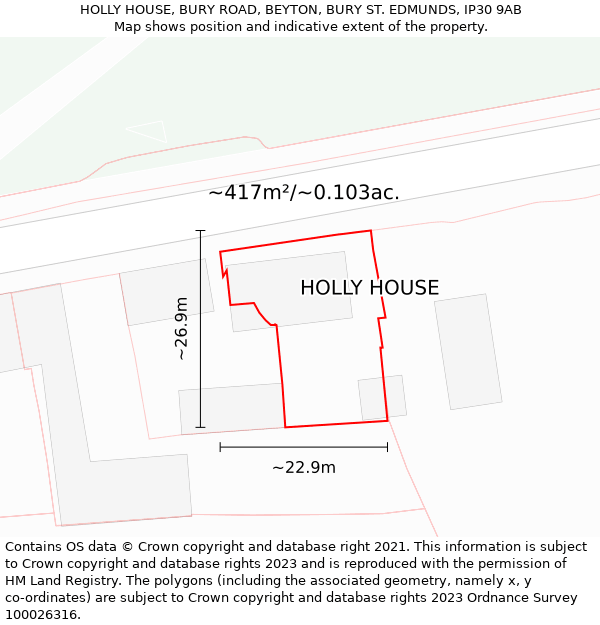 HOLLY HOUSE, BURY ROAD, BEYTON, BURY ST. EDMUNDS, IP30 9AB: Plot and title map