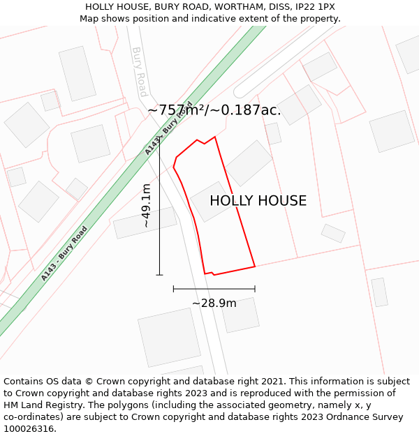 HOLLY HOUSE, BURY ROAD, WORTHAM, DISS, IP22 1PX: Plot and title map