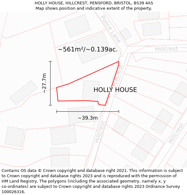 HOLLY HOUSE, HILLCREST, PENSFORD, BRISTOL, BS39 4AS: Plot and title map