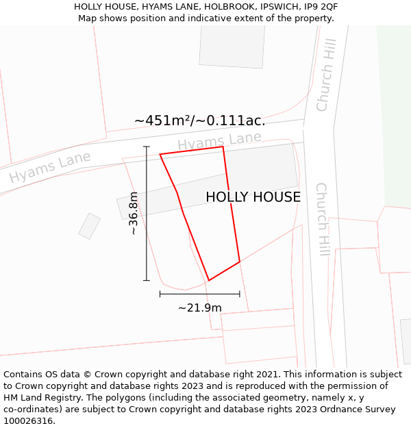HOLLY HOUSE, HYAMS LANE, HOLBROOK, IPSWICH, IP9 2QF: Plot and title map