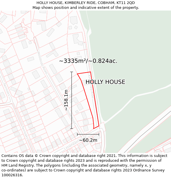 HOLLY HOUSE, KIMBERLEY RIDE, COBHAM, KT11 2QD: Plot and title map