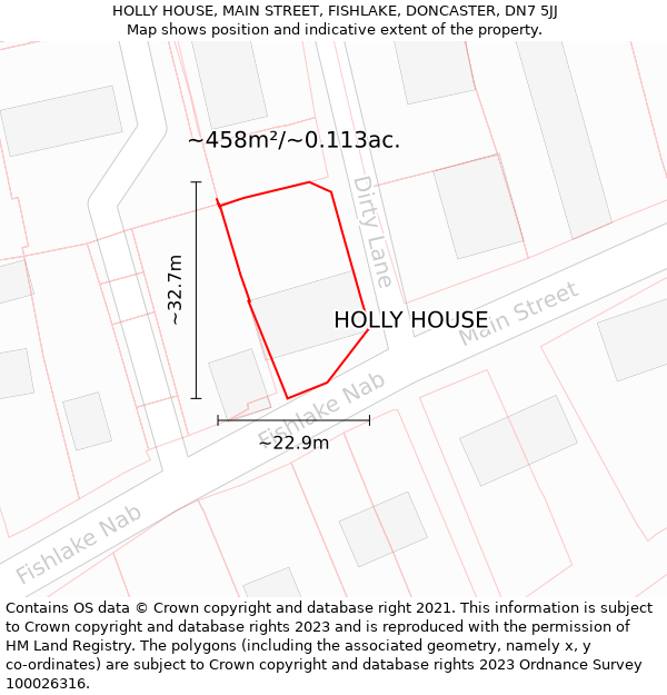 HOLLY HOUSE, MAIN STREET, FISHLAKE, DONCASTER, DN7 5JJ: Plot and title map