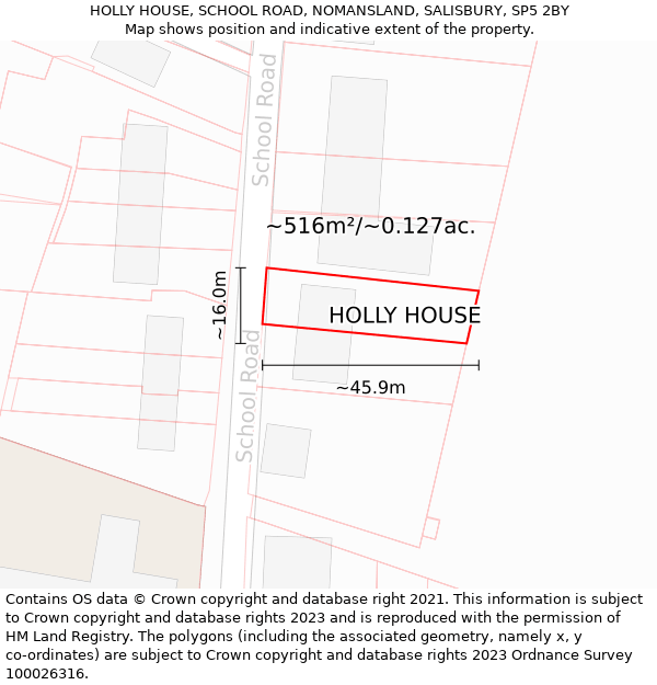 HOLLY HOUSE, SCHOOL ROAD, NOMANSLAND, SALISBURY, SP5 2BY: Plot and title map