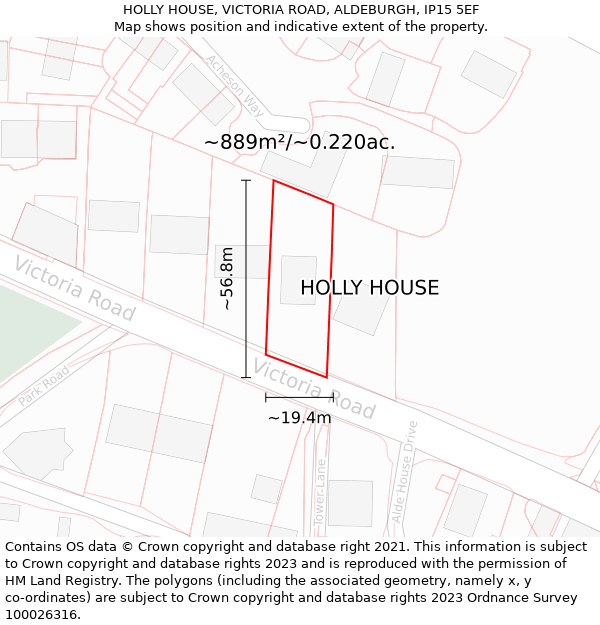 HOLLY HOUSE, VICTORIA ROAD, ALDEBURGH, IP15 5EF: Plot and title map