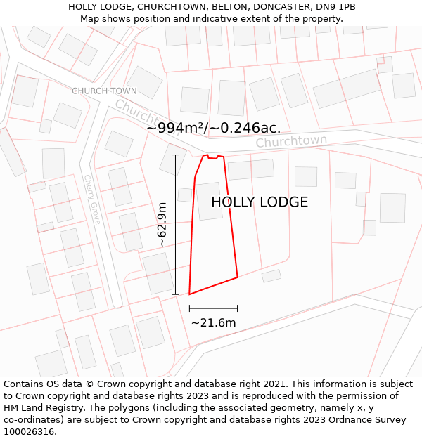 HOLLY LODGE, CHURCHTOWN, BELTON, DONCASTER, DN9 1PB: Plot and title map