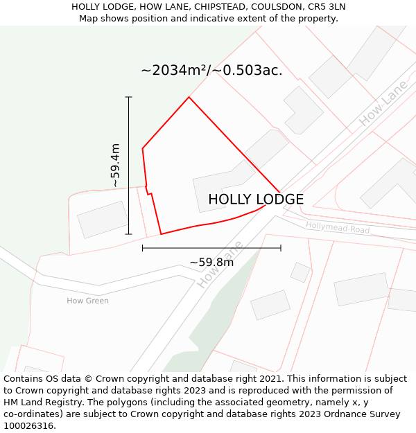 HOLLY LODGE, HOW LANE, CHIPSTEAD, COULSDON, CR5 3LN: Plot and title map