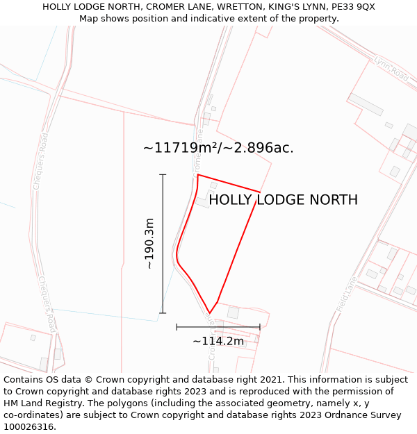 HOLLY LODGE NORTH, CROMER LANE, WRETTON, KING'S LYNN, PE33 9QX: Plot and title map