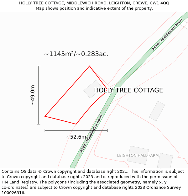 HOLLY TREE COTTAGE, MIDDLEWICH ROAD, LEIGHTON, CREWE, CW1 4QQ: Plot and title map