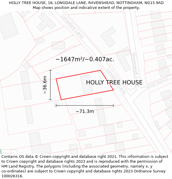 HOLLY TREE HOUSE, 16, LONGDALE LANE, RAVENSHEAD, NOTTINGHAM, NG15 9AD: Plot and title map