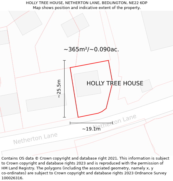 HOLLY TREE HOUSE, NETHERTON LANE, BEDLINGTON, NE22 6DP: Plot and title map