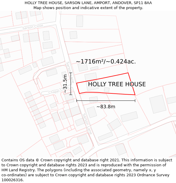 HOLLY TREE HOUSE, SARSON LANE, AMPORT, ANDOVER, SP11 8AA: Plot and title map