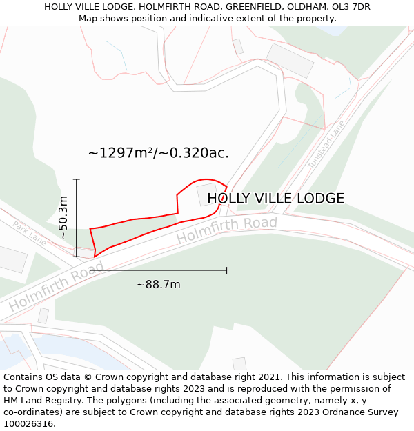 HOLLY VILLE LODGE, HOLMFIRTH ROAD, GREENFIELD, OLDHAM, OL3 7DR: Plot and title map